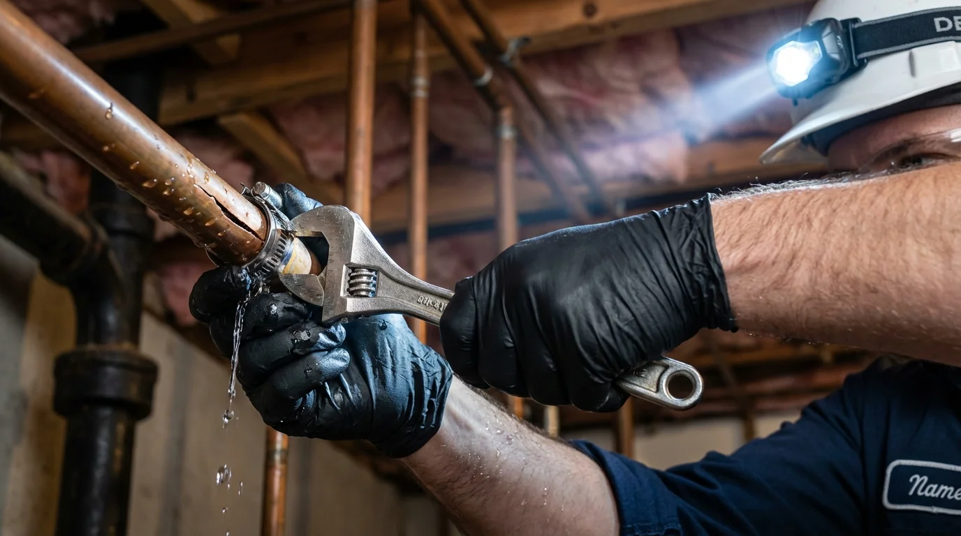 Emergency pipe clamp repair being performed by a Johns Plumbing LLC plumber in Londonderry