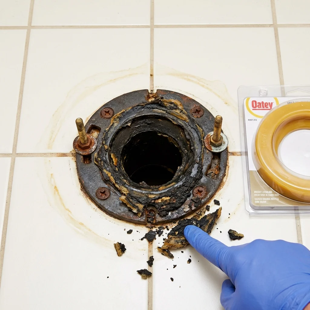 Failed wax ring showing water seepage at the base of a toilet in a Londonderry, VT home