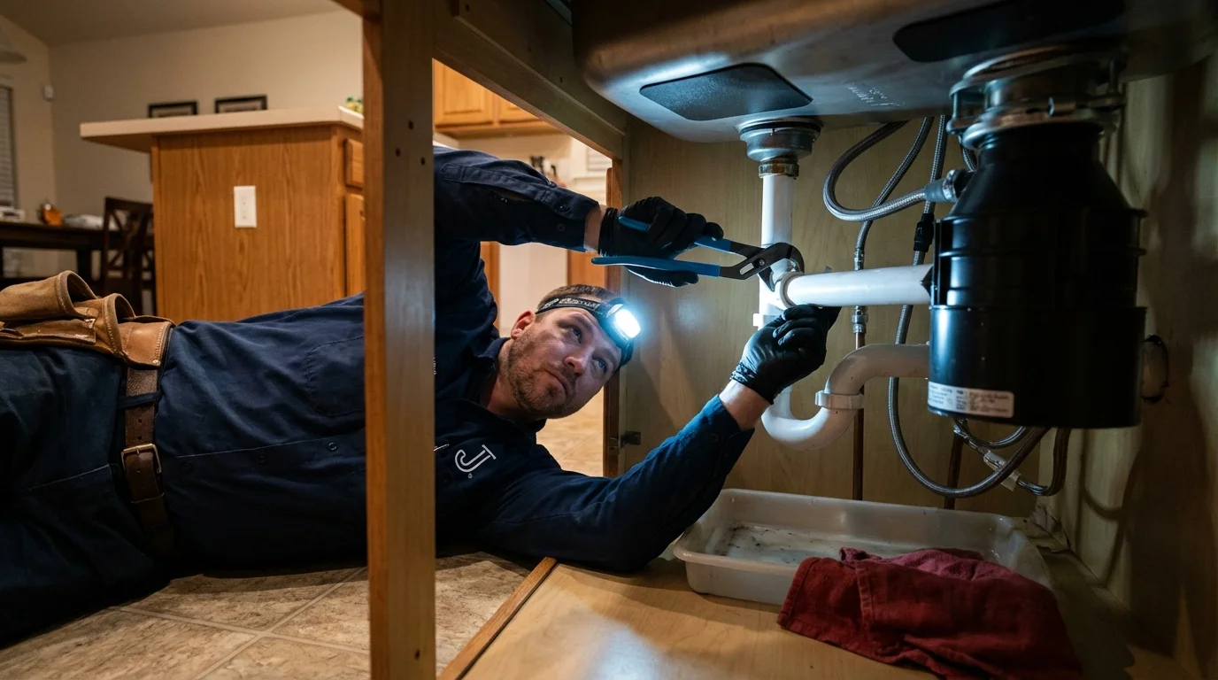 P-trap and supply line connections under a kitchen sink showing a common leak point in Londonderry, VT